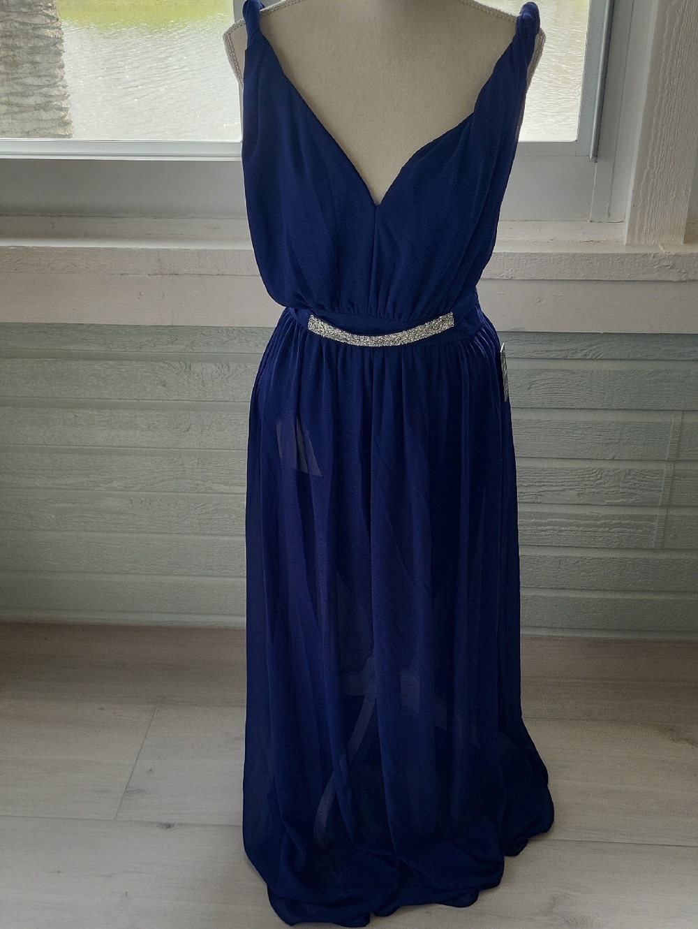 Express Royal Blue V-Neck Chiffon Maxi Dress with Rhinestone Waist